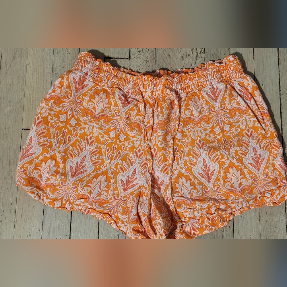 LOFT Orange & White Paisley Print Linen Loose Shorts, Sz. L